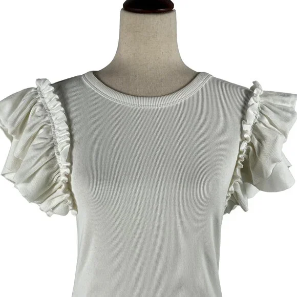 LIKE NEW! EXPRESS Ruffle Sleeve Ribbed Short Sleeve T-Shirt in Cream Siz… - Picture 4 of 8